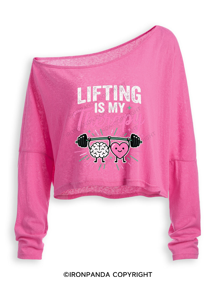 Lifting Is My Therapy Off Shoulder Long Sleeve Crop Top