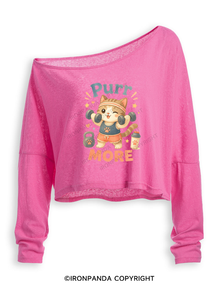 PURR MORE GYM KITTY Off Shoulder Long Sleeve Crop Top