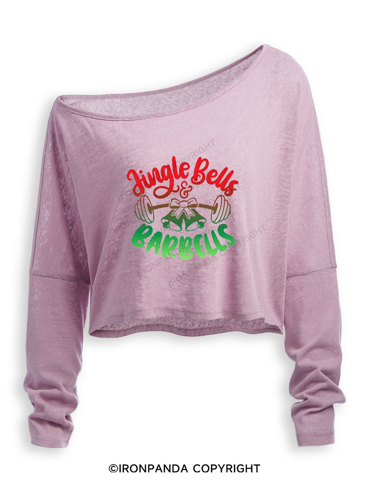 JINGLE BELLS & BARBELLS Off Shoulder Long Sleeve Crop Top