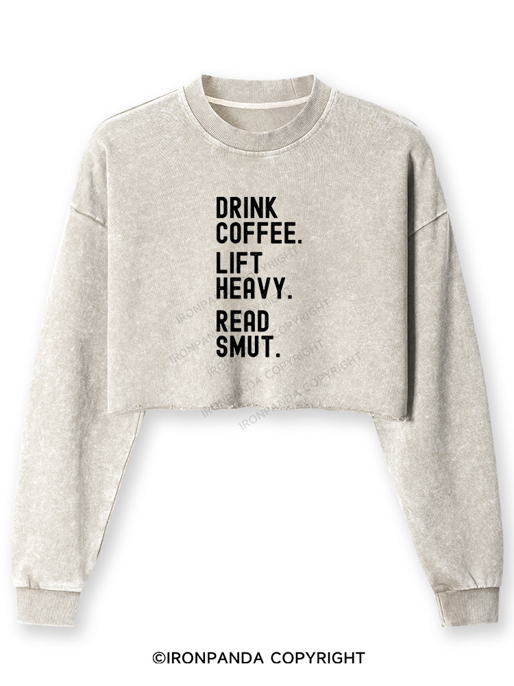 DRINK COFFEE. LIFT HEAVY. READ SMUT Washed Long-Sleeve Crop Top