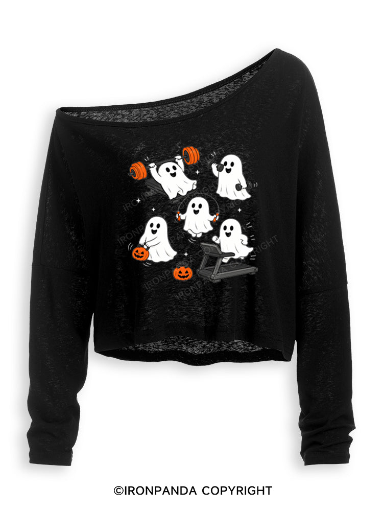 GHOST HALLOWEEN WORKOUT FITNESS Off Shoulder Long Sleeve Crop Top