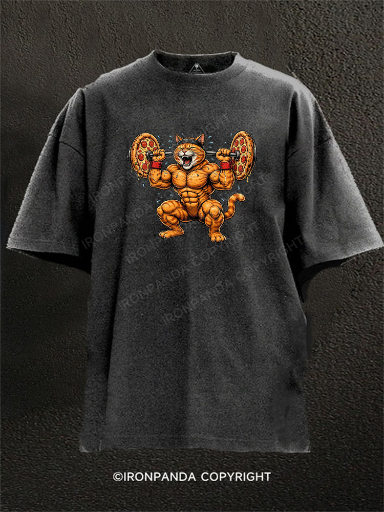 Pizza Squat Funny Buff Cat Washed Gym Shirt