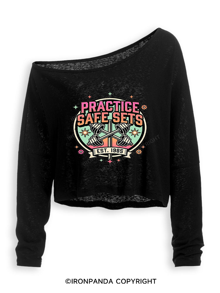 PRACTICE SAFE SETS FUNNY RETRO Off Shoulder Long Sleeve Crop Top