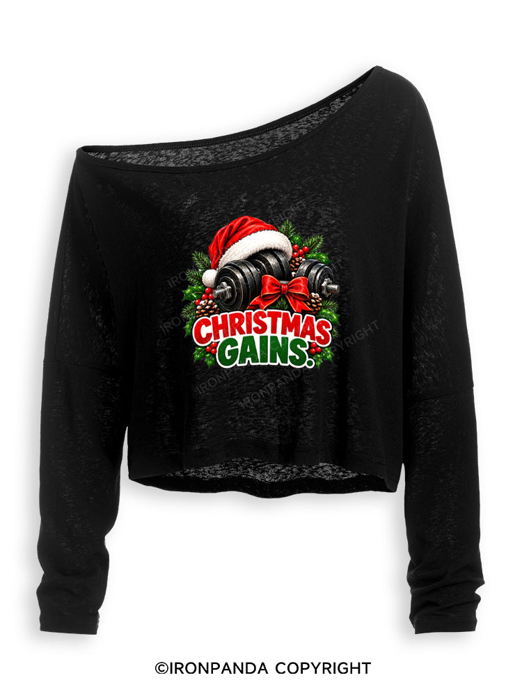 CHRISTMAS GAINS MERRY LIFTMAS Off Shoulder Long Sleeve Crop Top