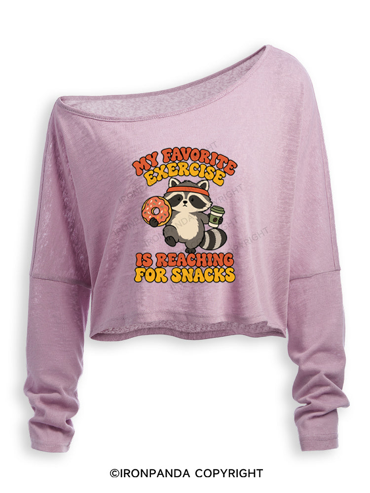 My Favorite Exercise Is Reaching for Snacks Funny Raccoon Off Shoulder Long Sleeve Crop Top