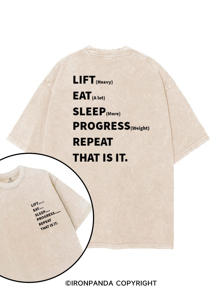 LIFT (HEAVY) EAT (A LOT) SLEEP (MORE) PROGRESS (WEIGHT) REPEAT THAT IS IT printed Gym Shirt