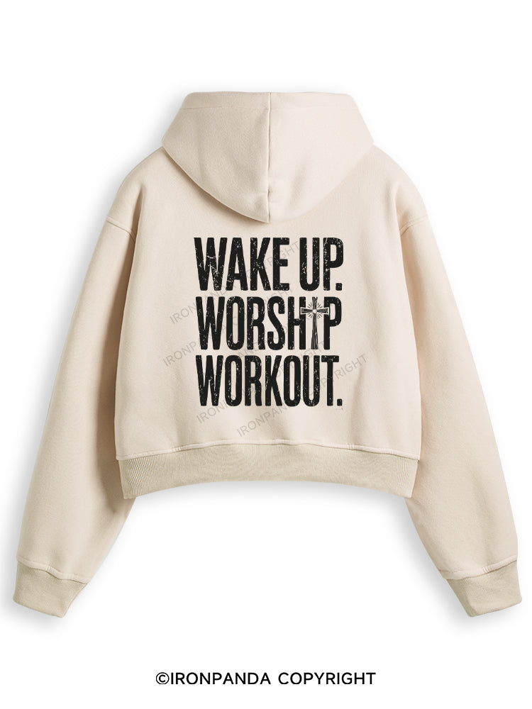 WAKE UP WORSHIP WORKOUT JESUS Fleece Crop Zip Up Hoodie