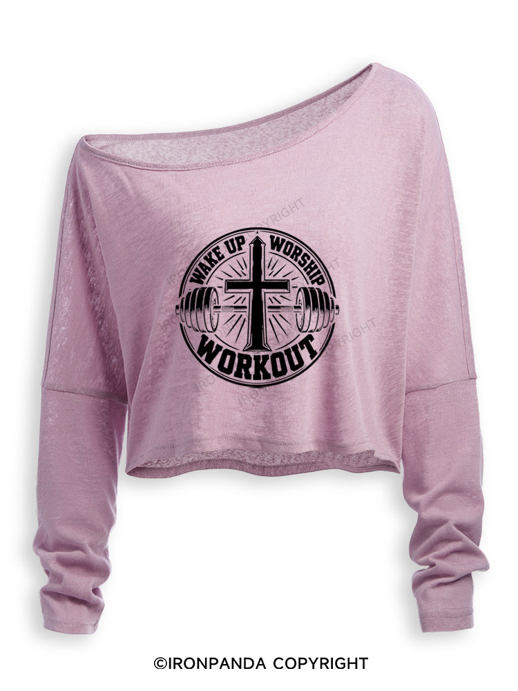 WAKE UP WORSHIP WORKOUT CHRISTIAN WORKOUT Off Shoulder Long Sleeve Crop Top