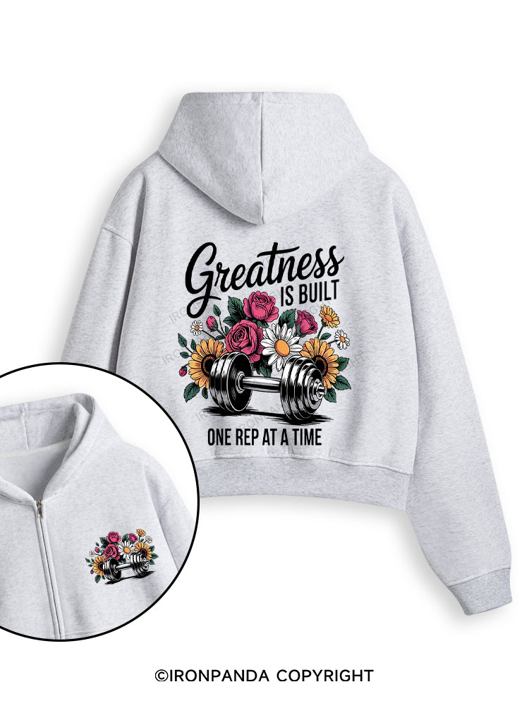GREATNESS IS BUILT ONE REP AT A TIME  color Fleece Crop Zip Up Hoodie
