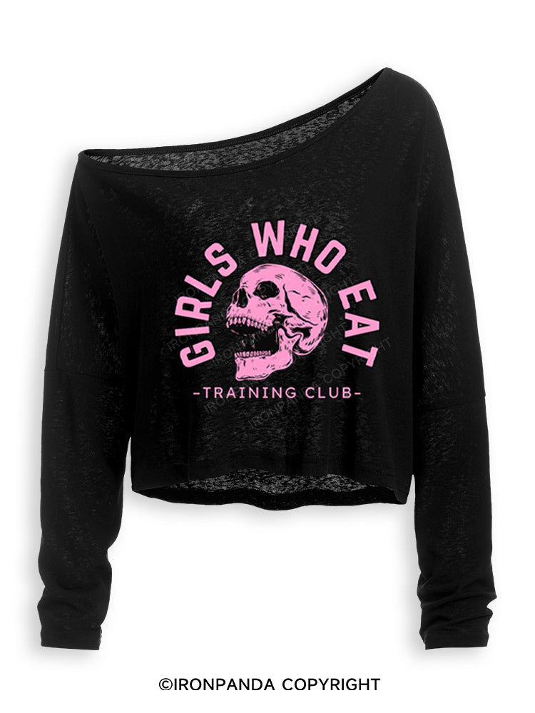 Girls Who Eat Skeleton Weightlifting Off Shoulder Long Sleeve Crop Top
