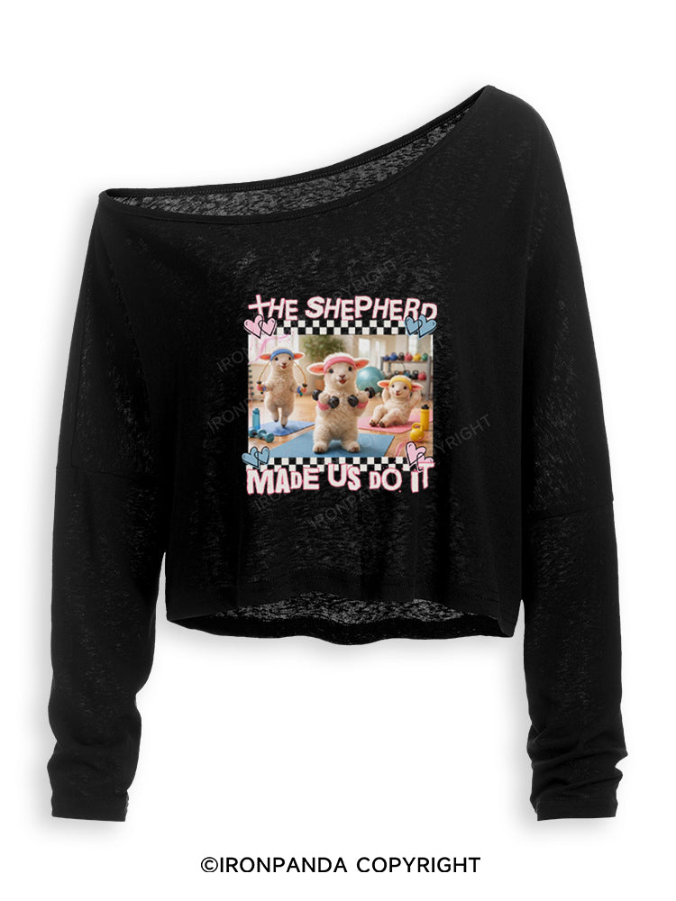 THE SHEPHERD MADE US DO IT GYM CHRISTIAN Off Shoulder Long Sleeve Crop Top
