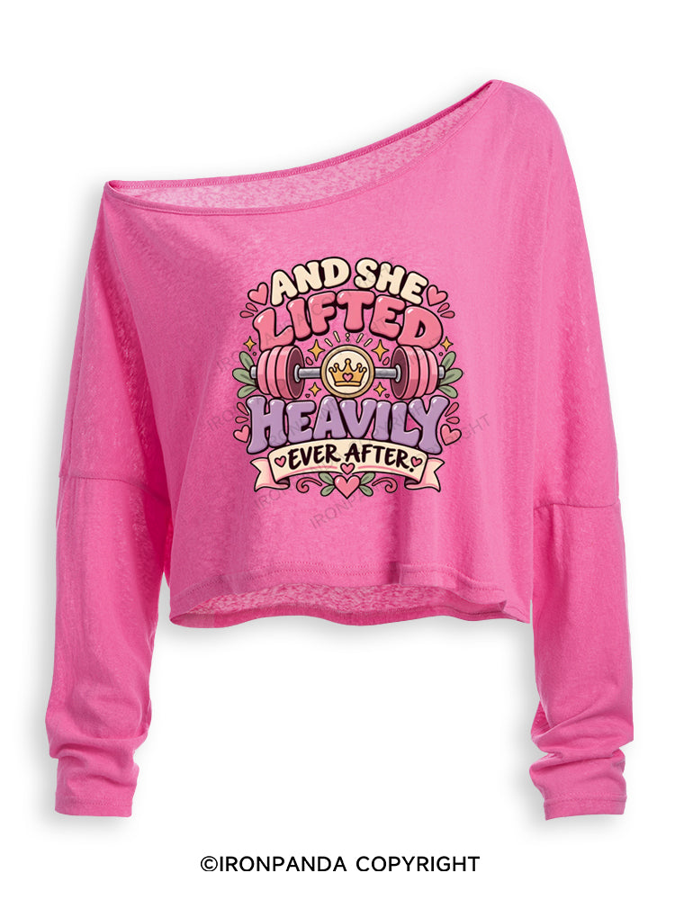 AND SHE LIFTED HEAVILY EVER AFTER FUNNY GYM Off Shoulder Long Sleeve Crop Top