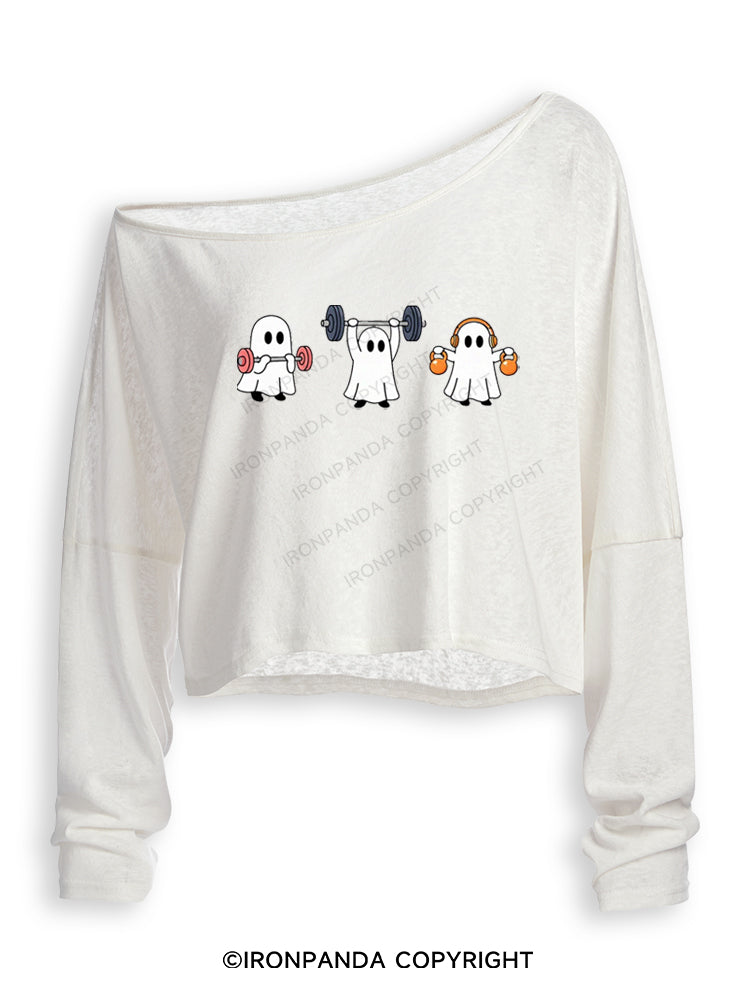 GHOST LIFTING WEIGHTS BARBELL GYM LOVERS Off Shoulder Long Sleeve Crop Top