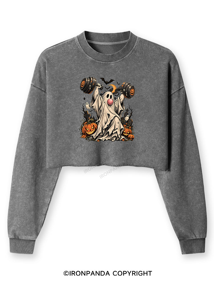 VINTAGE GHOST GYM WEIGHTLIFTING Washed Long-Sleeve Crop Top