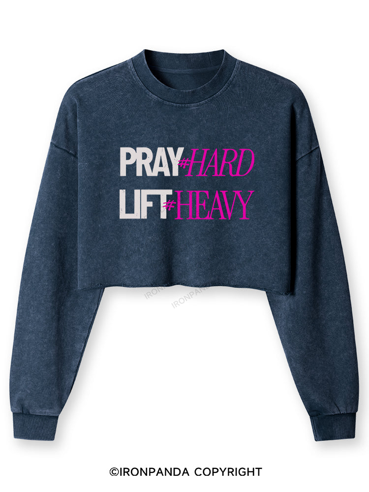 PRAY HARD # LIFT HEAVY GYM Washed Long-Sleeve Crop Top