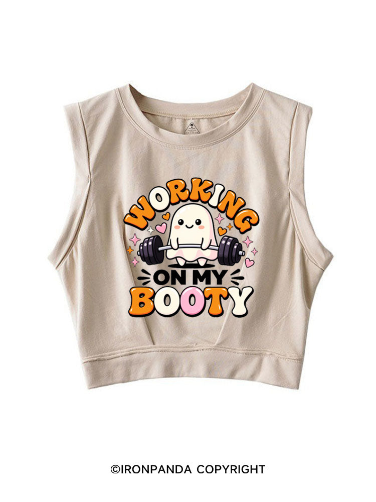 WORKING ON MY BOOTY FUNNY GHOST HALLOWEEN SLEEVELESS CROP TOPS