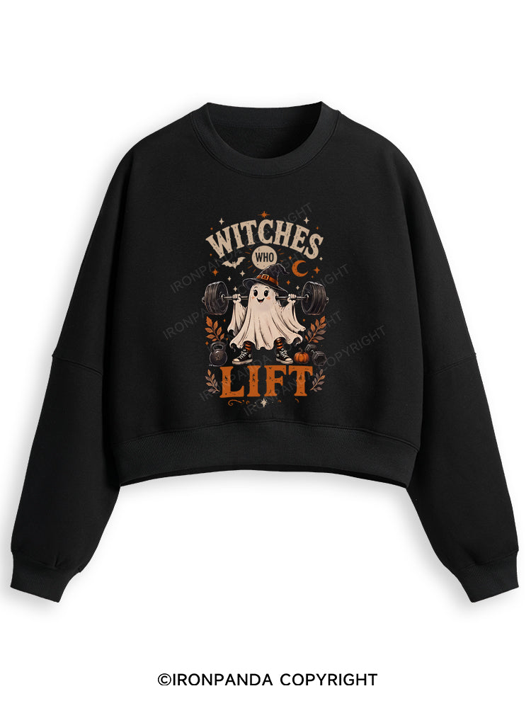 WITCHES WHO LIFT GHOST HALLOWEEN Fleece Crop Sweatshirt