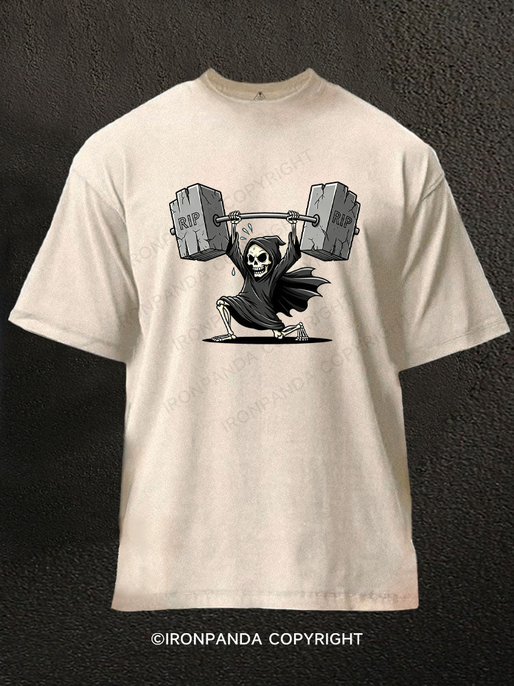 Gym Reaper Skeleton Dark Humor Washed Gym Shirt