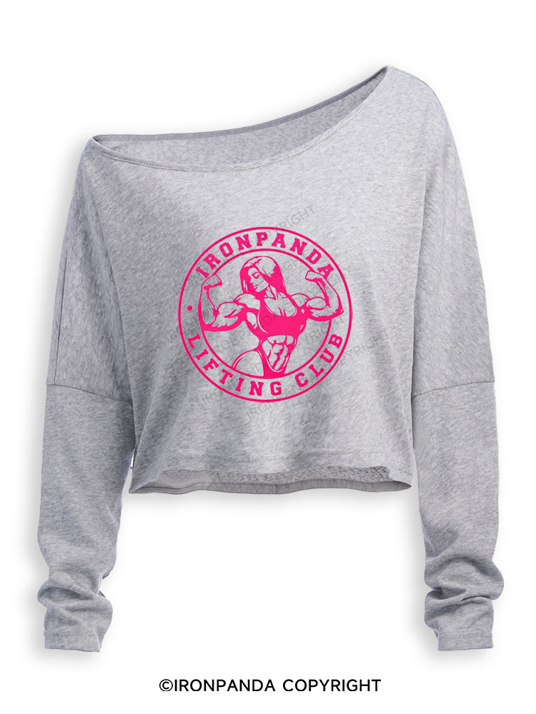 IRONPANDA LIFTING CLUB Off Shoulder Long Sleeve Crop Top