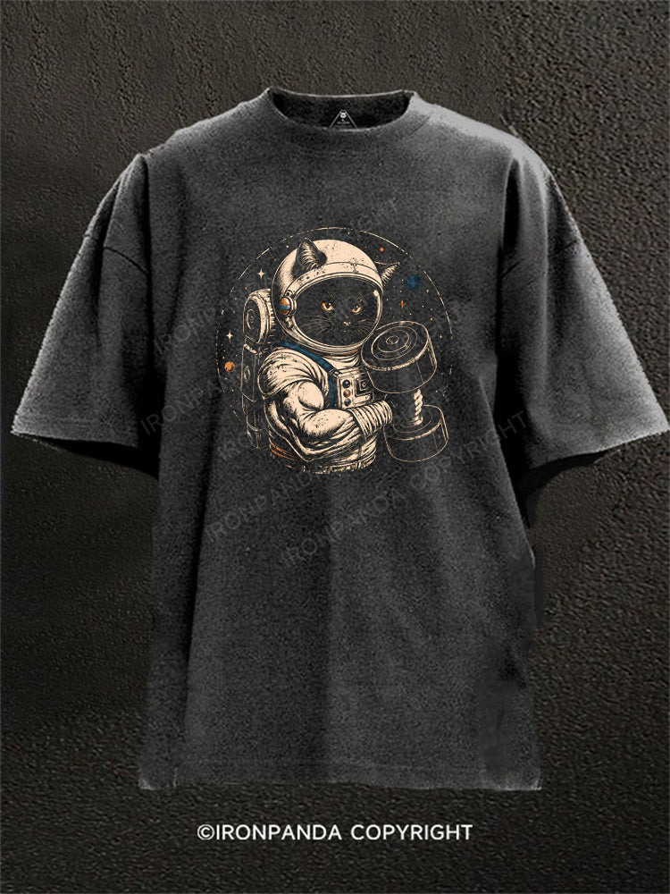 Black Cat Astronaut Lifting Weights Washed Gym Shirt