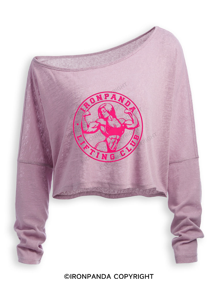 IRONPANDA LIFTING CLUB Off Shoulder Long Sleeve Crop Top