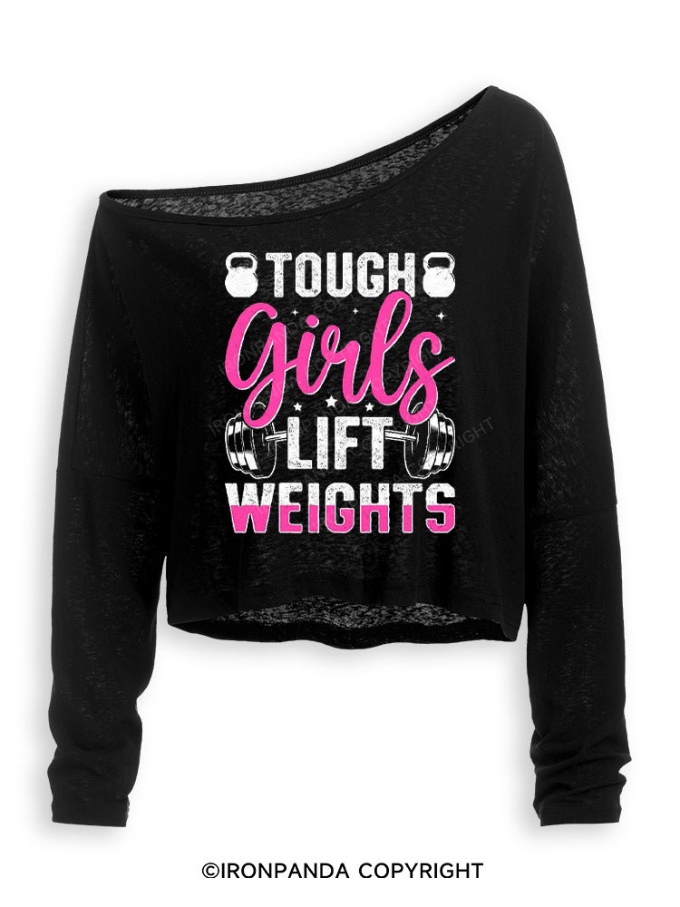 TOUGH GIRLS LIFT WEIGHTS Off Shoulder Long Sleeve Crop Top