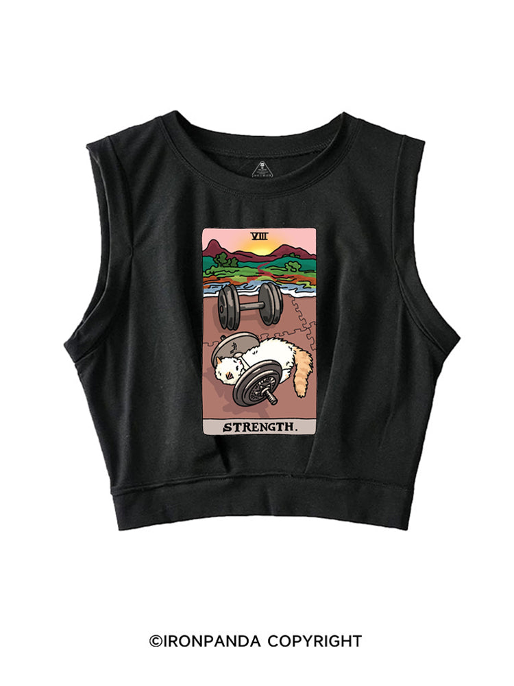 STRENGTH TAROT FUNNY GYM KITTY SLEEVELESS CROP TOPS
