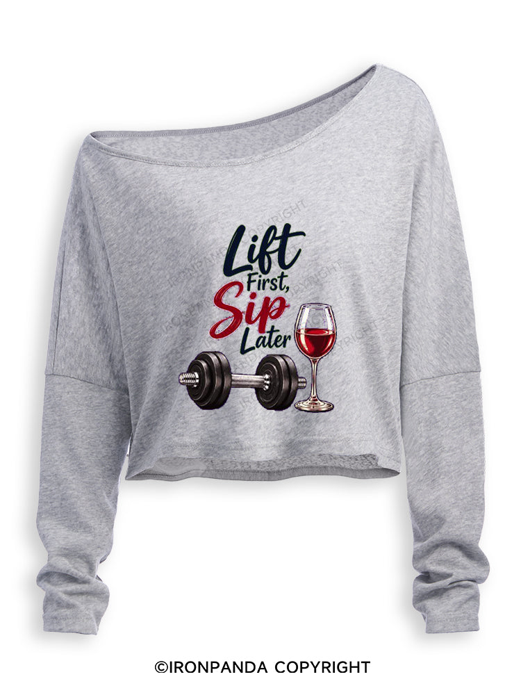 Lift First Sip Later Off Shoulder Long Sleeve Crop Top
