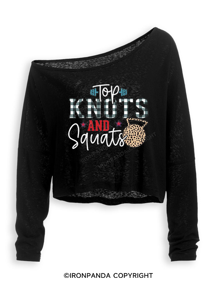 TOP KNOTS AND SQUATS FUNNY GYM Off Shoulder Long Sleeve Crop Top