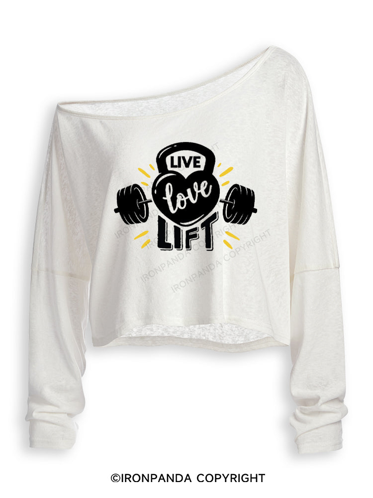 LIVE LOVE LIFT GYM LOVER Off Shoulder Long Sleeve Crop Top