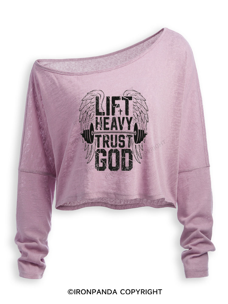 LIFT HEAVY TRUST GOD Off Shoulder Long Sleeve Crop Top