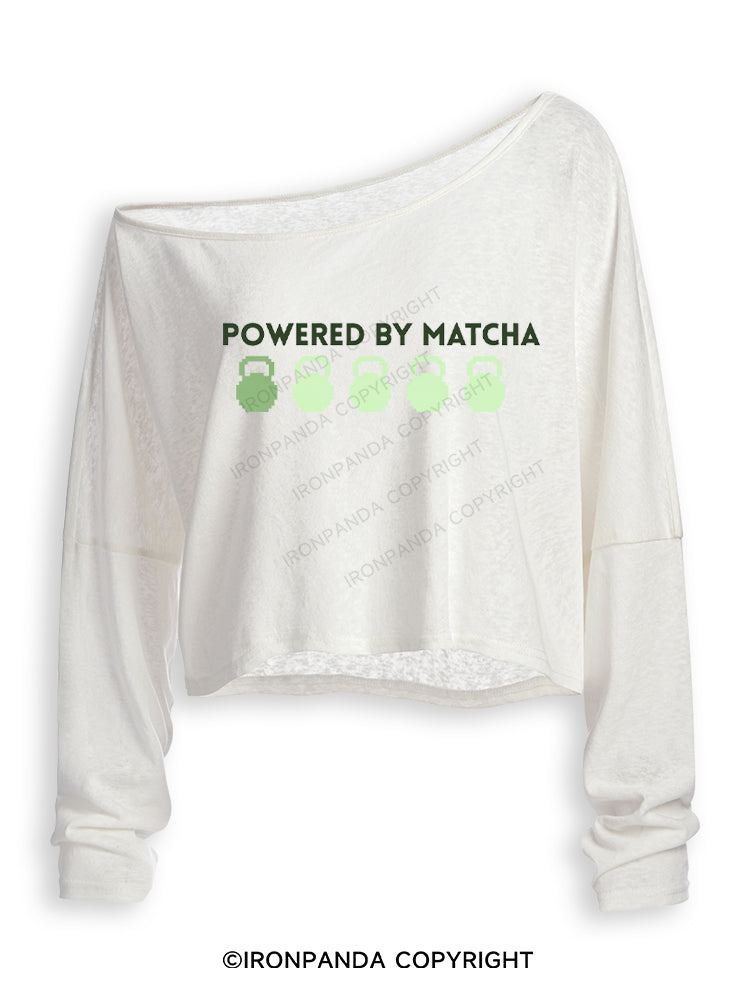 POWERED BY MATCHA GYM LOVER Off Shoulder Long Sleeve Crop Top