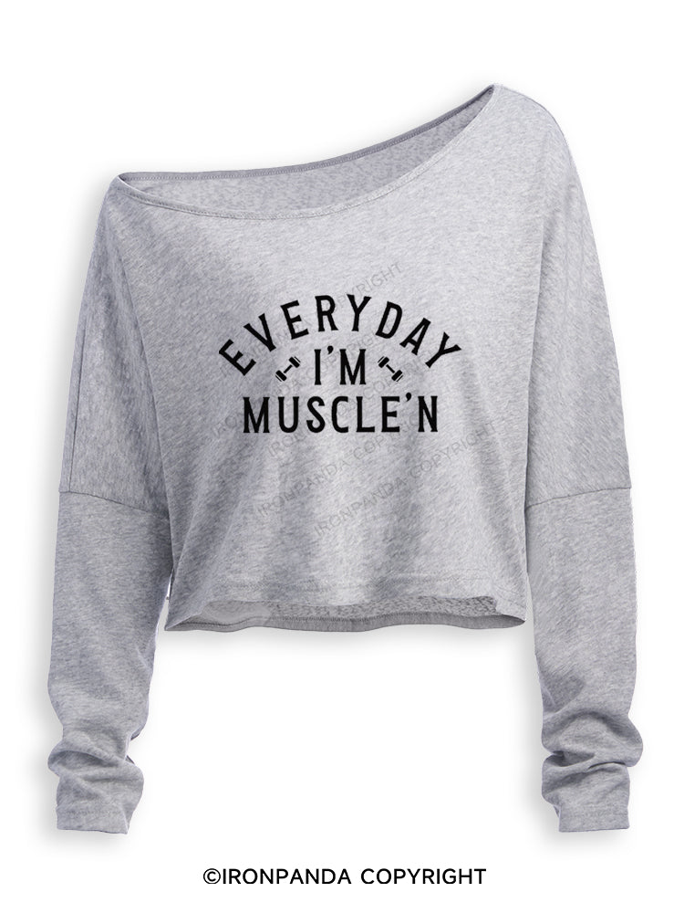 Everyday I'm Muscle'N Muscle Off Shoulder Long Sleeve Crop Top