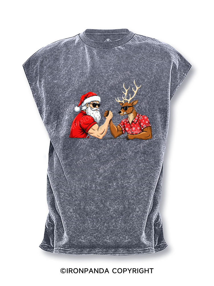 Santa Claus Vs Reindeer Funny Christmas Cut Off Tank