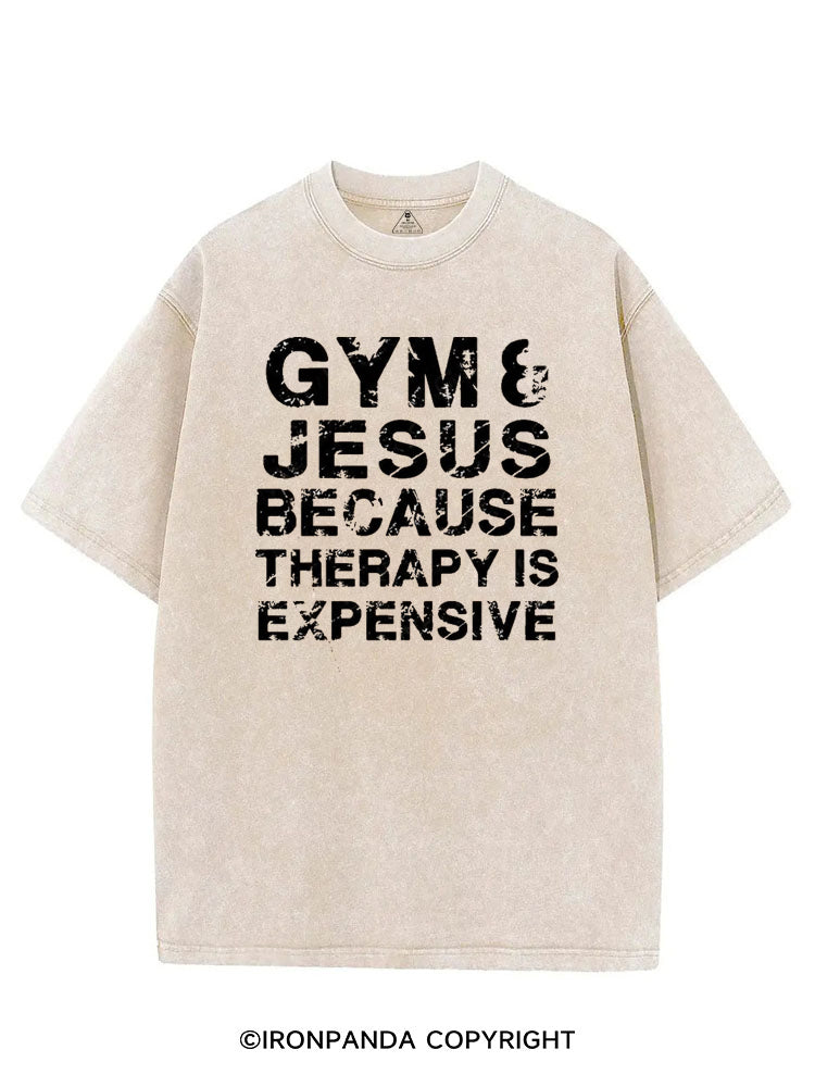 GYM & JESUS BECAUSE THERAPY IS EXPENSIVE VINTAGE GYM SHIRT