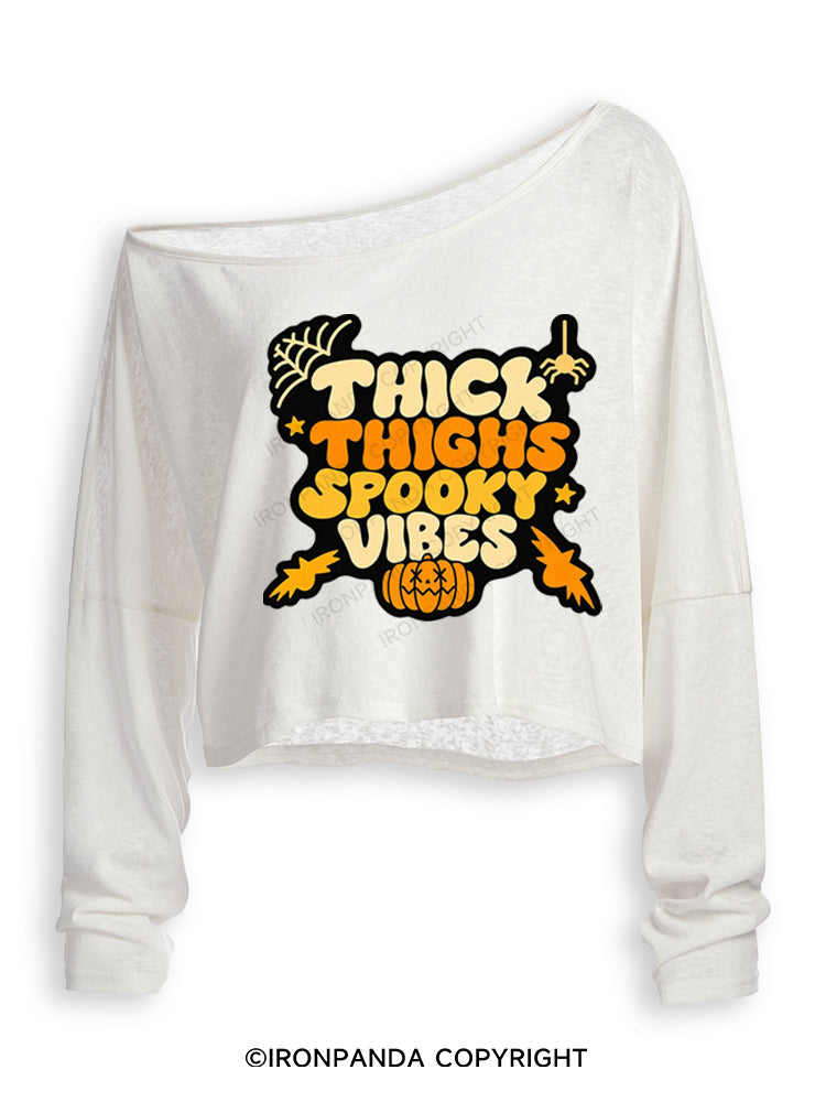 THICK THIGHS SPOOKY VIBES PUMPKIN HALLOWEEN Off Shoulder Long Sleeve Crop Top
