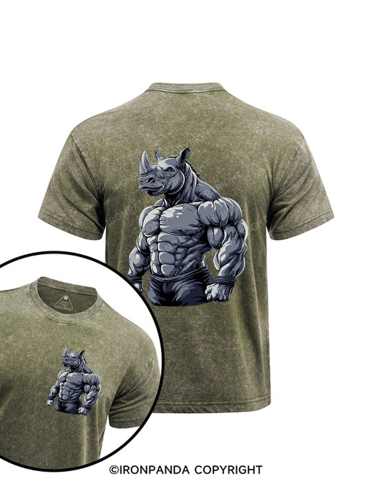 Muscular Rhino Bodybuilder Printed Washed Gym Shirt