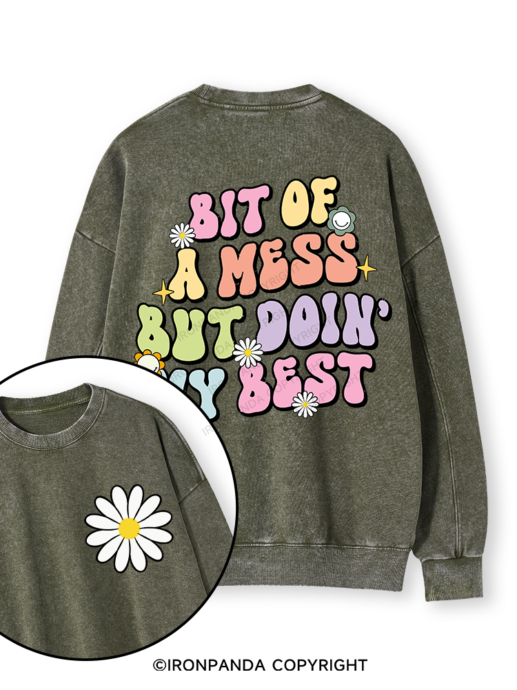 BIT OF A MESS BUT DOIN' MY BEST Double-Sided Printed Washed Sweatshirt