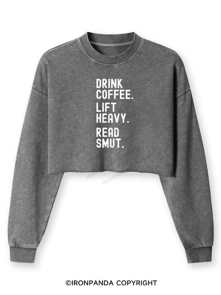 DRINK COFFEE. LIFT HEAVY. READ SMUT Washed Long-Sleeve Crop Top