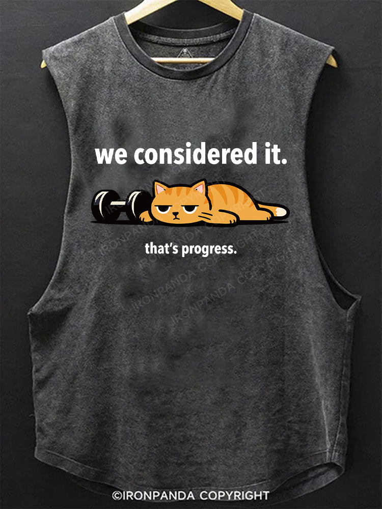 We Considered It That's Progress Lazy Cat Dumbbell Scoop Bottom Cotton Tank
