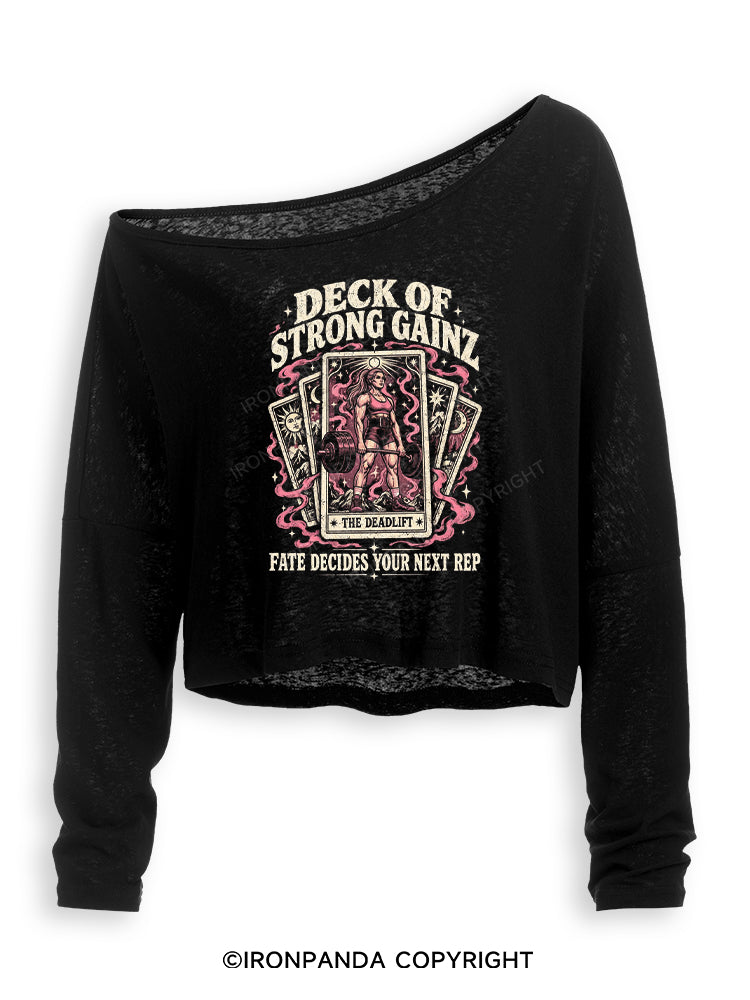 DECK OF STRONG GAINZ FATE DECIDES YOUR NEXT REP Off Shoulder Long Sleeve Crop Top