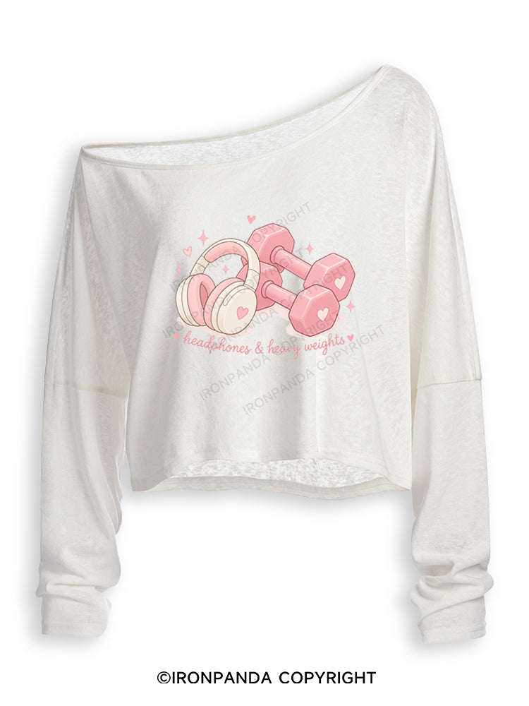 HEADPHONES & HEAVY WEIGHTS Off Shoulder Long Sleeve Crop Top