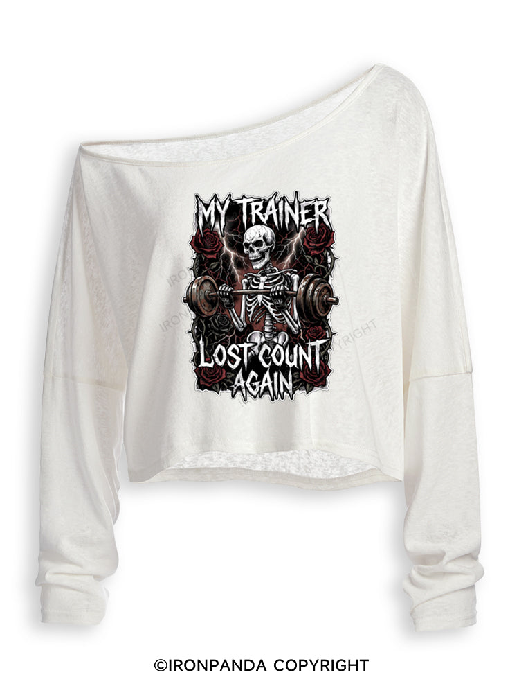 MY TRAINER LOST COUNT AGAIN SKELETON Off Shoulder Long Sleeve Crop Top