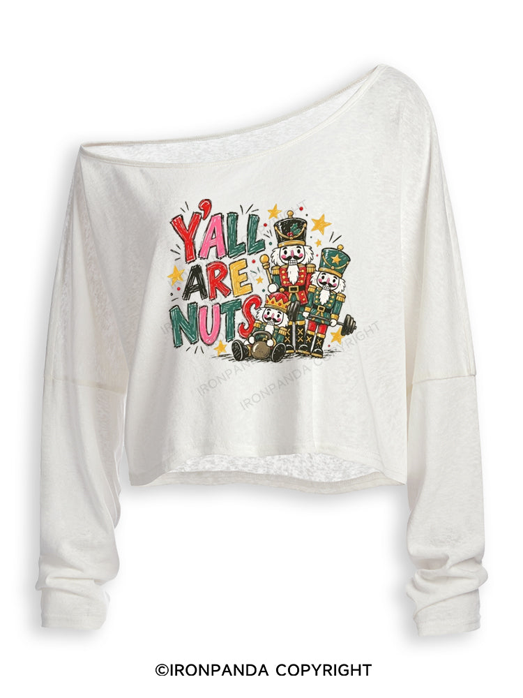 Y'ALL ARE NUTS Off Shoulder Long Sleeve Crop Top