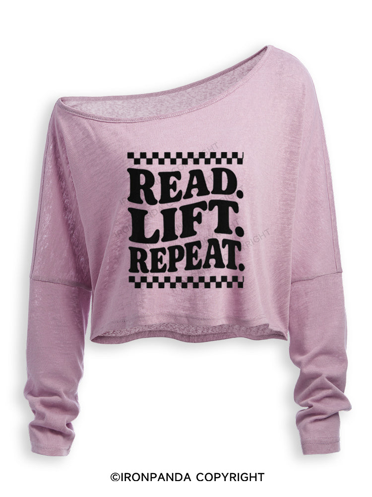 READ LIFT REPEAT BOOKISH GYM Off Shoulder Long Sleeve Crop Top