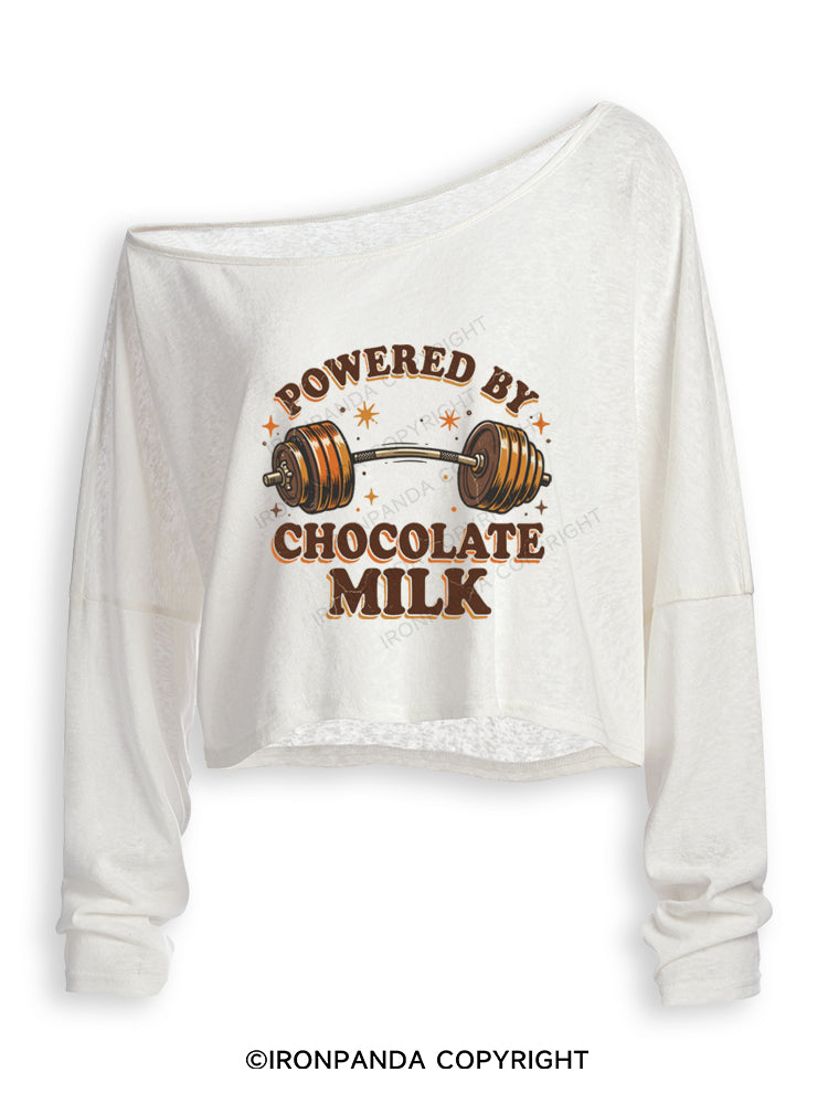 POWERED BY CHOCOLATE MILK FUNNY GYM Off Shoulder Long Sleeve Crop Top