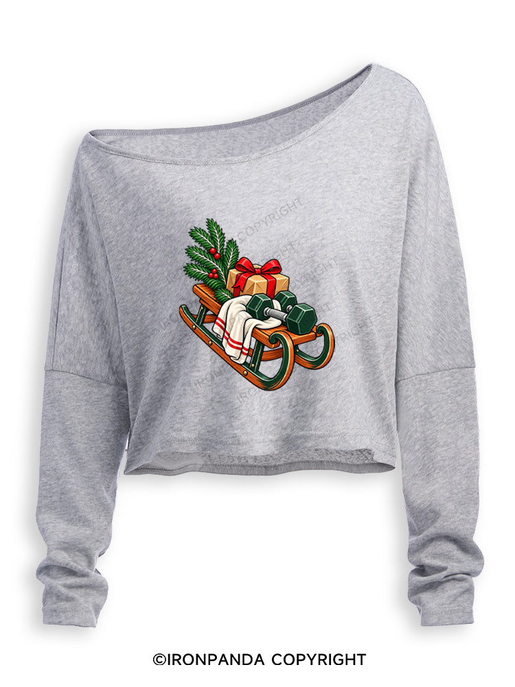 CHRISTMAS DUMBBELLS AND FESTIVE SLEIGH Off Shoulder Long Sleeve Crop Top