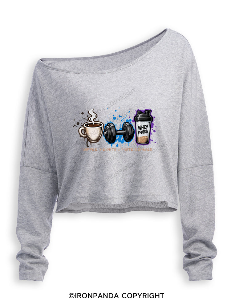 COFFEE WEIGHTS & PROTEIN SHAKES FUNNY GYM Off Shoulder Long Sleeve Crop Top