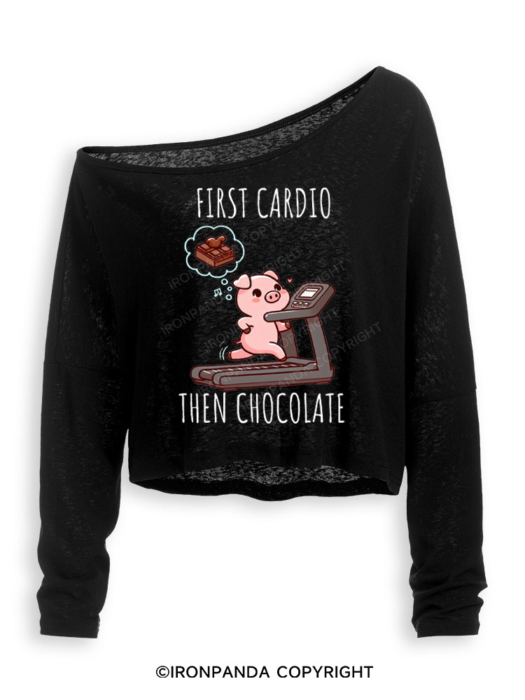 FIRST CARDIO THEN CHOCOLATE Off Shoulder Long Sleeve Crop Top