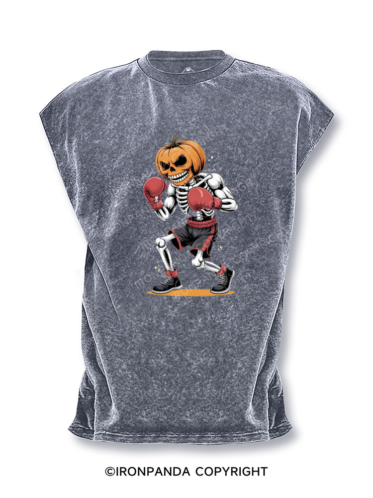 Halloween Boxing Skeleton with Pumpkin Cut Off Tank